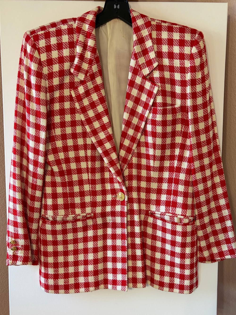 VTG 80s Red White Gingham Check Blazer Rayon Silk Shoulder Pads ILGWU Union 6